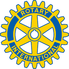 Blue and gold Rotary International gear logo with text around the ring