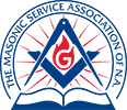 Logo for The Masonic Service Association of North America with blue compass, square, and red G on white background