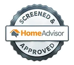 HomeAdvisor “Screened & Approved” badge in gray, blue, and orange