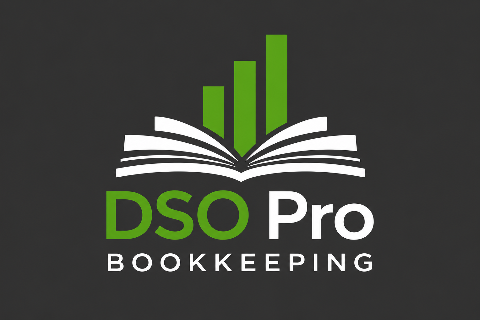 DSO Pro Bookkeeping logo with green bar chart over an open book on a dark background