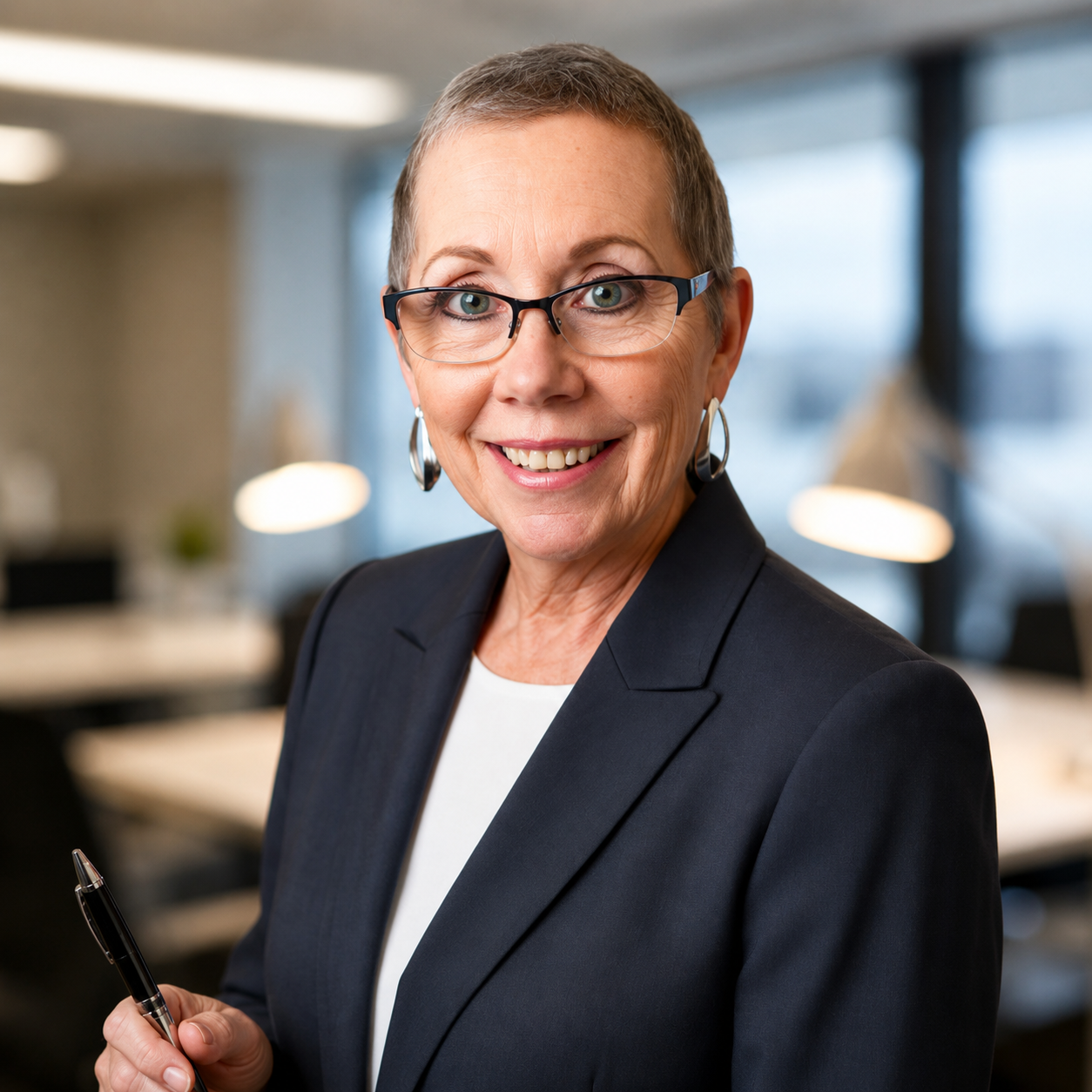 Smiling professional in a navy blazer holding a pen in an office setting