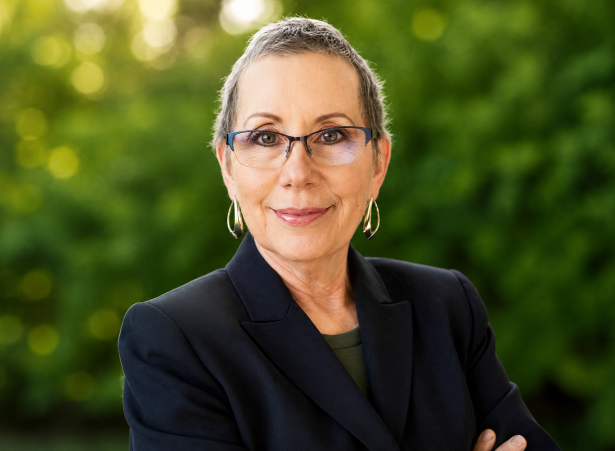 Professional woman in a dark blazer, standing outdoors with arms crossed and a slight smile.
