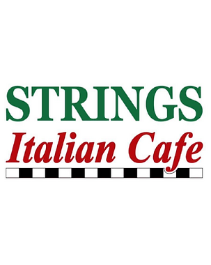 Strings Italian Cafe logo with green and red text and a black-and-white checkered stripe