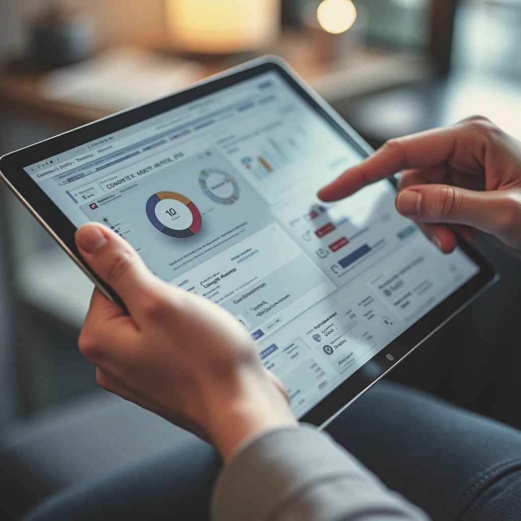 Hands using a tablet showing a business analytics dashboard with charts and graphs