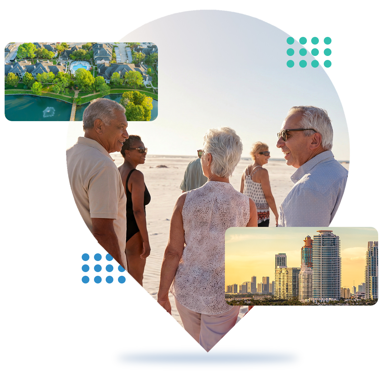 People chatting at sunset, with inset views of a waterfront park and modern city skyline.