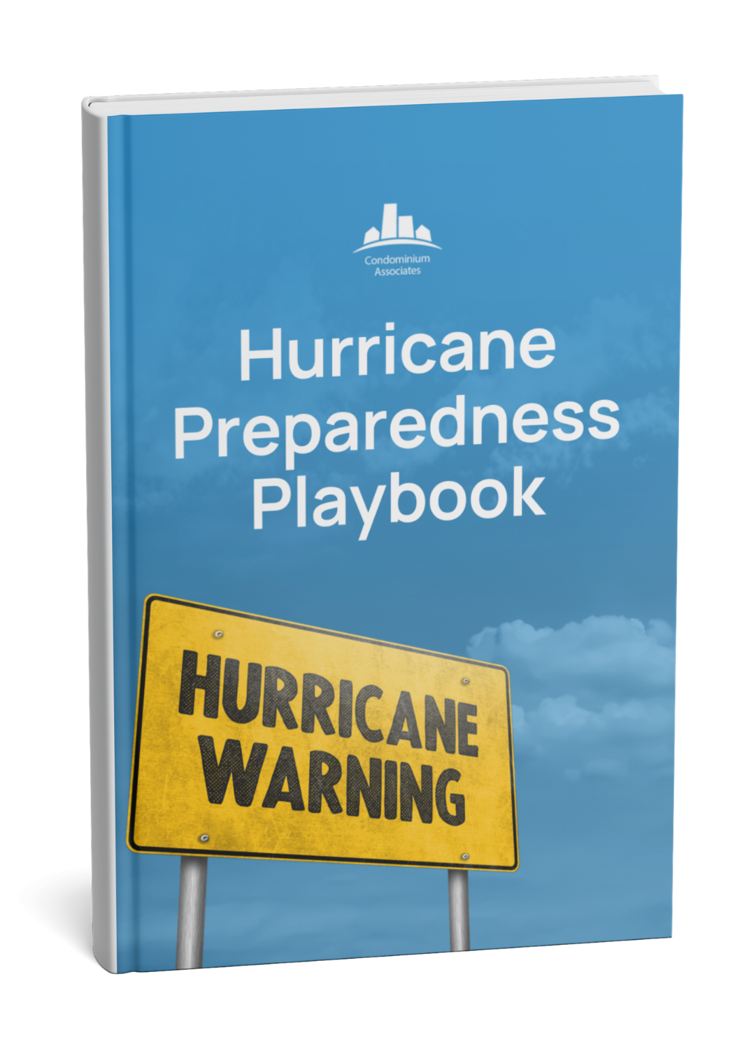 Hurricane Preparedness Playbook book cover with a yellow Hurricane Warning sign against a cloudy sky