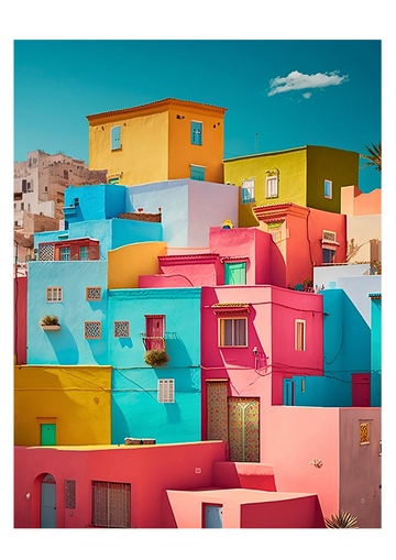Brightly colored hillside houses stacked under a blue sky