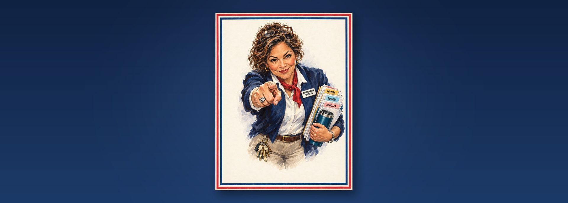 October 2026 Board Governance Review cover: a poster-style owner pointing out while holding agenda, budget and minutes folders