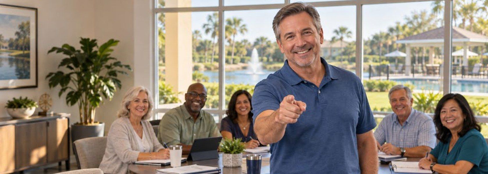 Smiling board member pointing at the viewer in front of fellow directors seated at a clubhouse meeting table