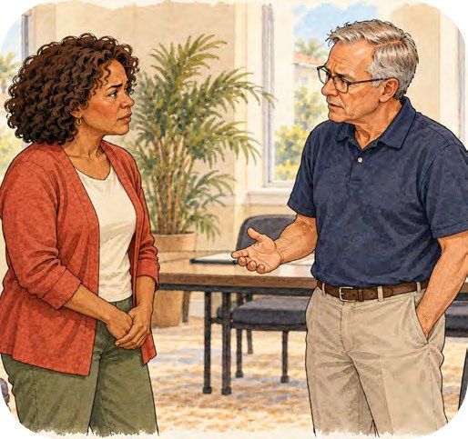 Illustration of a director and an owner talking one on one after a difficult meeting