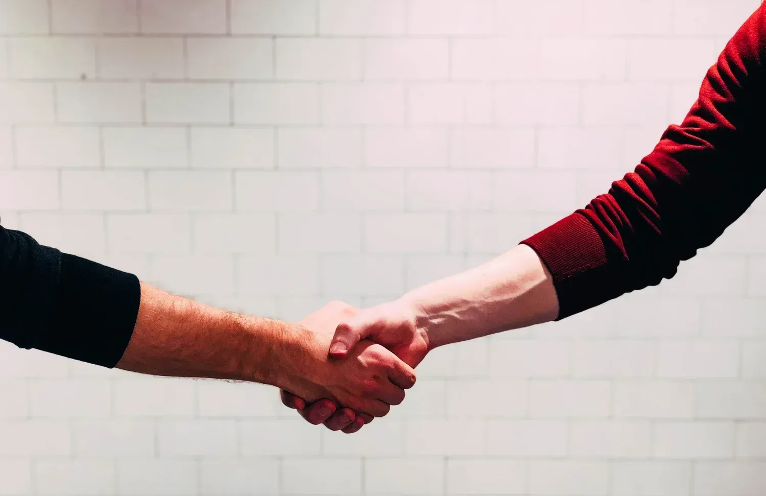 Two people shaking hands against a white brick wall, one in black sleeves and one in red.
