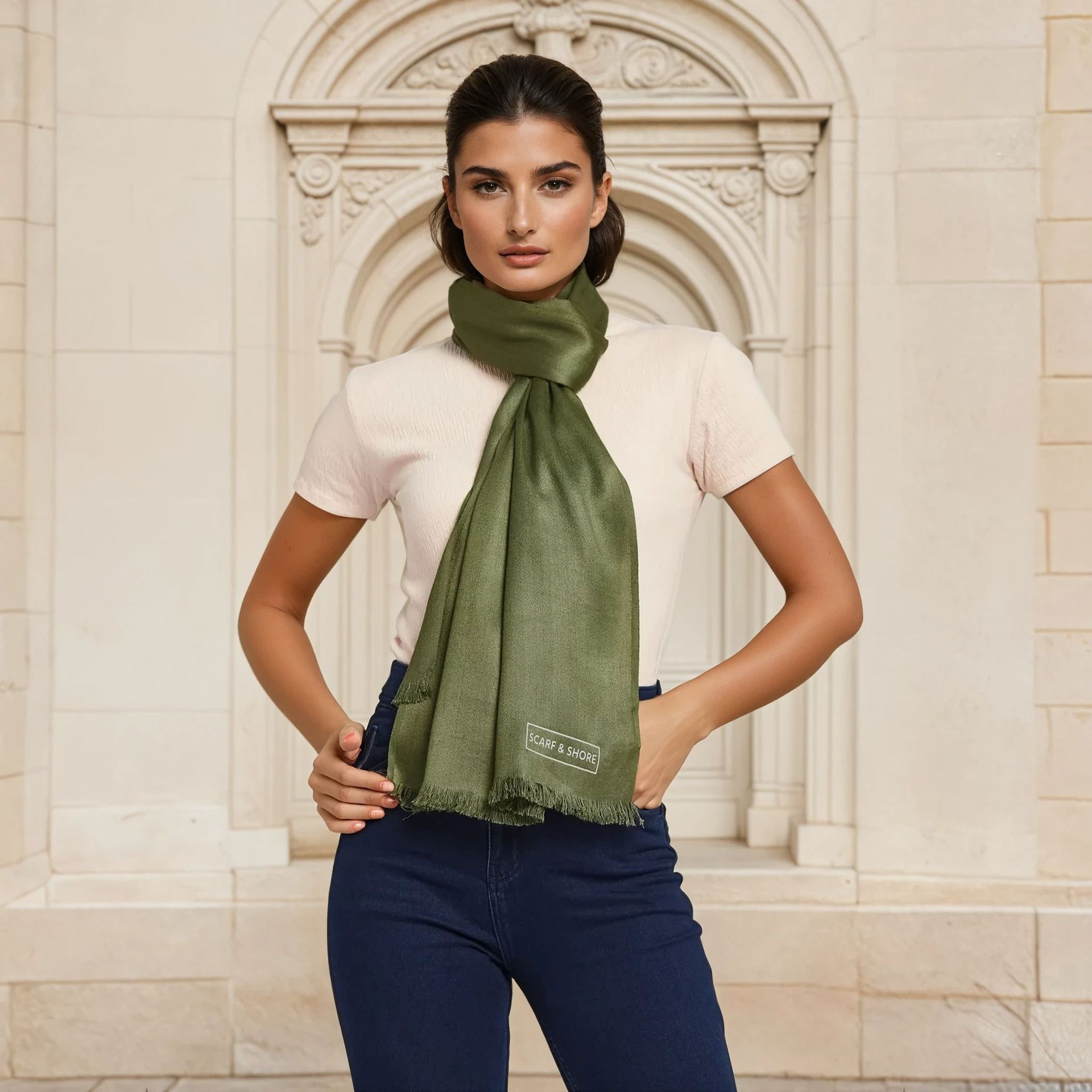 Satin Twill Luxe Pashmina Scarf - FOREST MIST SELF FRINGE