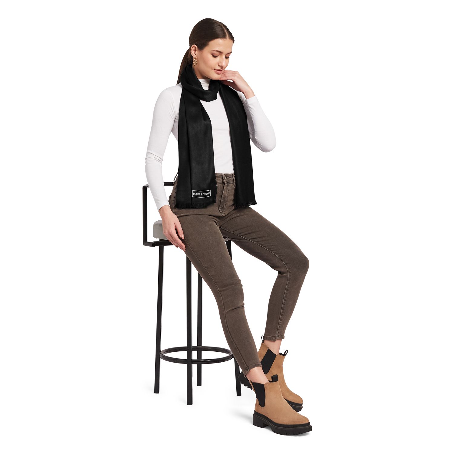 Satin Twill Luxe Pashmina Scarf - Black Self Fringe
