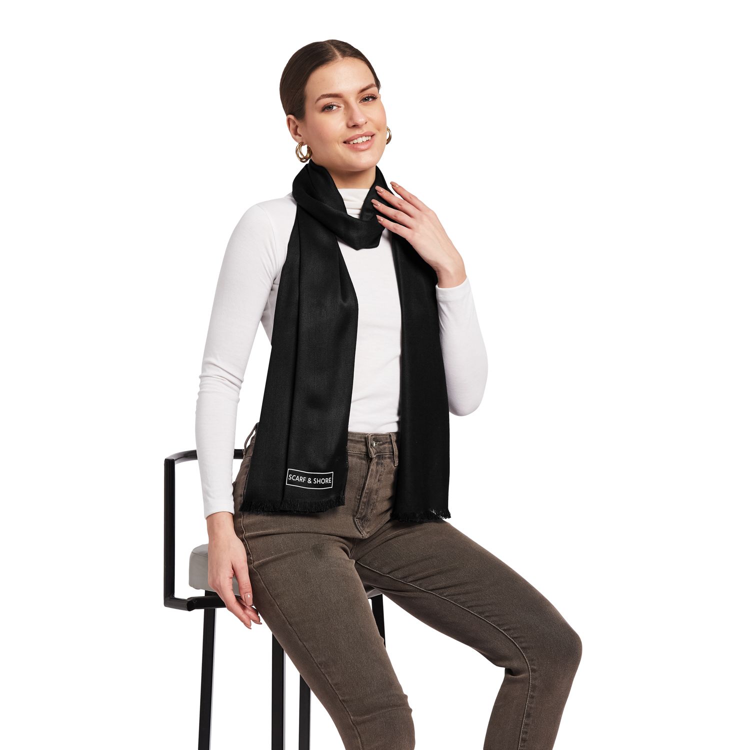 Satin Twill Luxe Pashmina Scarf - Black Self Fringe