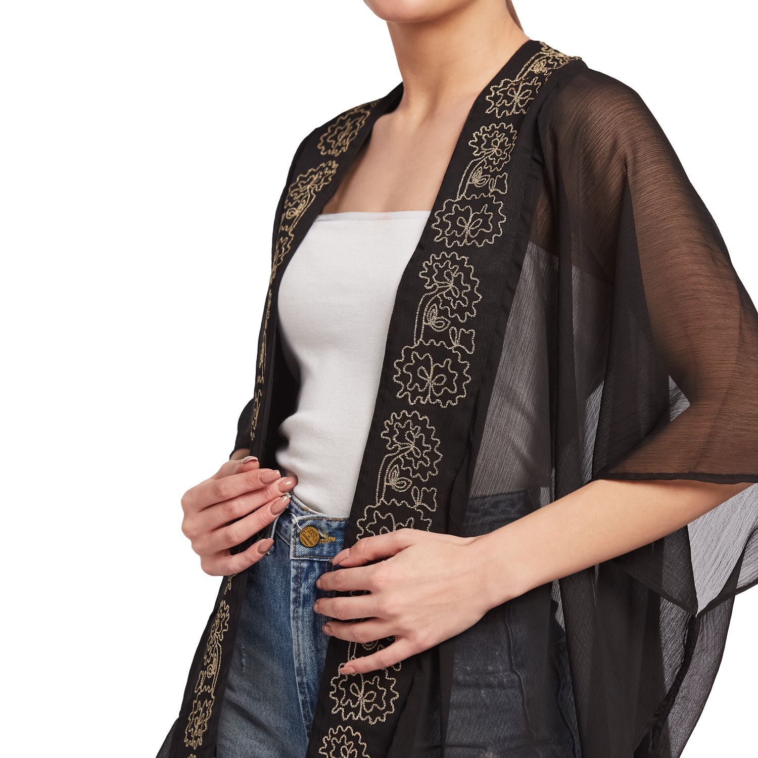Resort Wear Women's Polyester Kimono – Black Orchid Embroidered Swimsuit Coverup