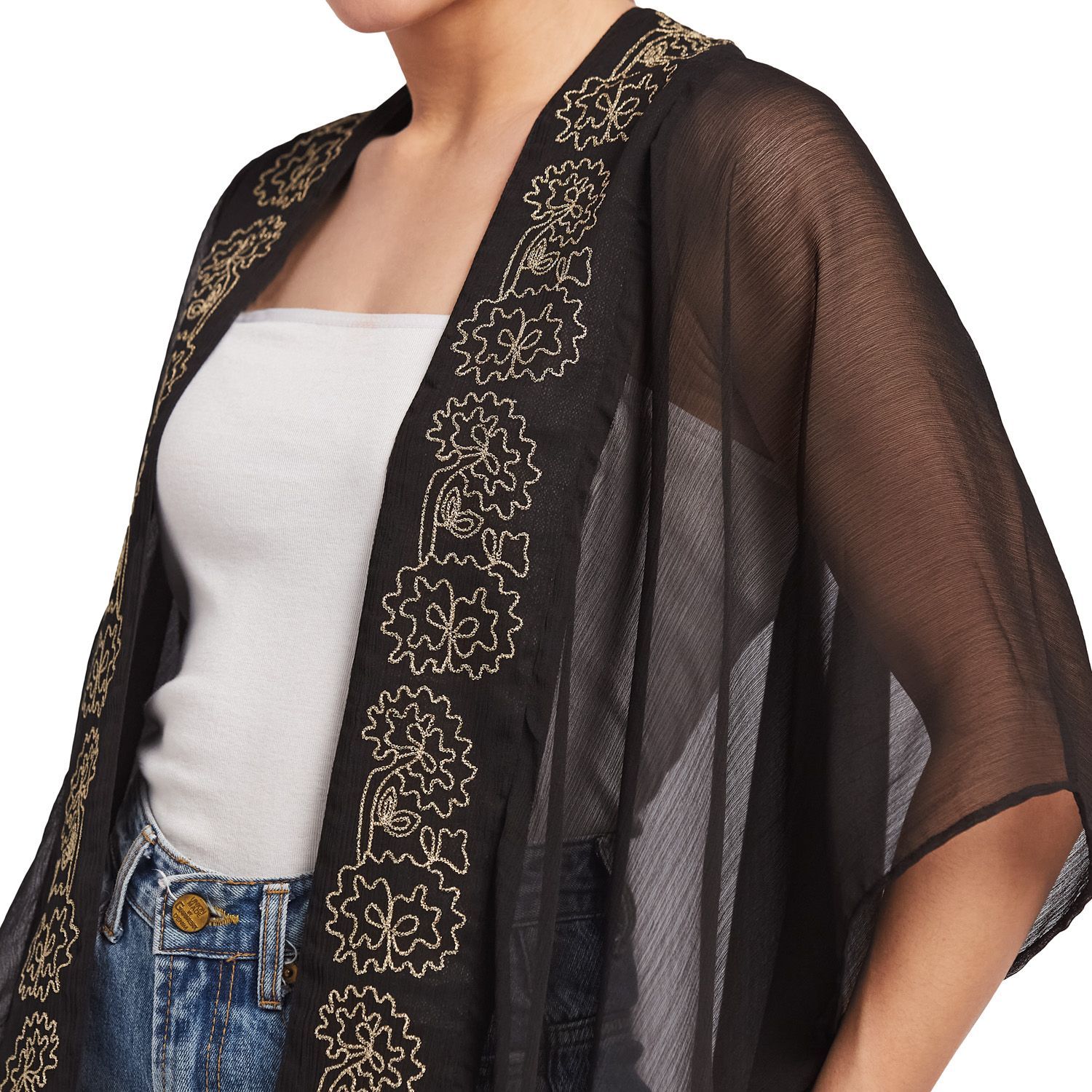 Resort Wear Women's Polyester Kimono – Black Orchid Embroidered Swimsuit Coverup
