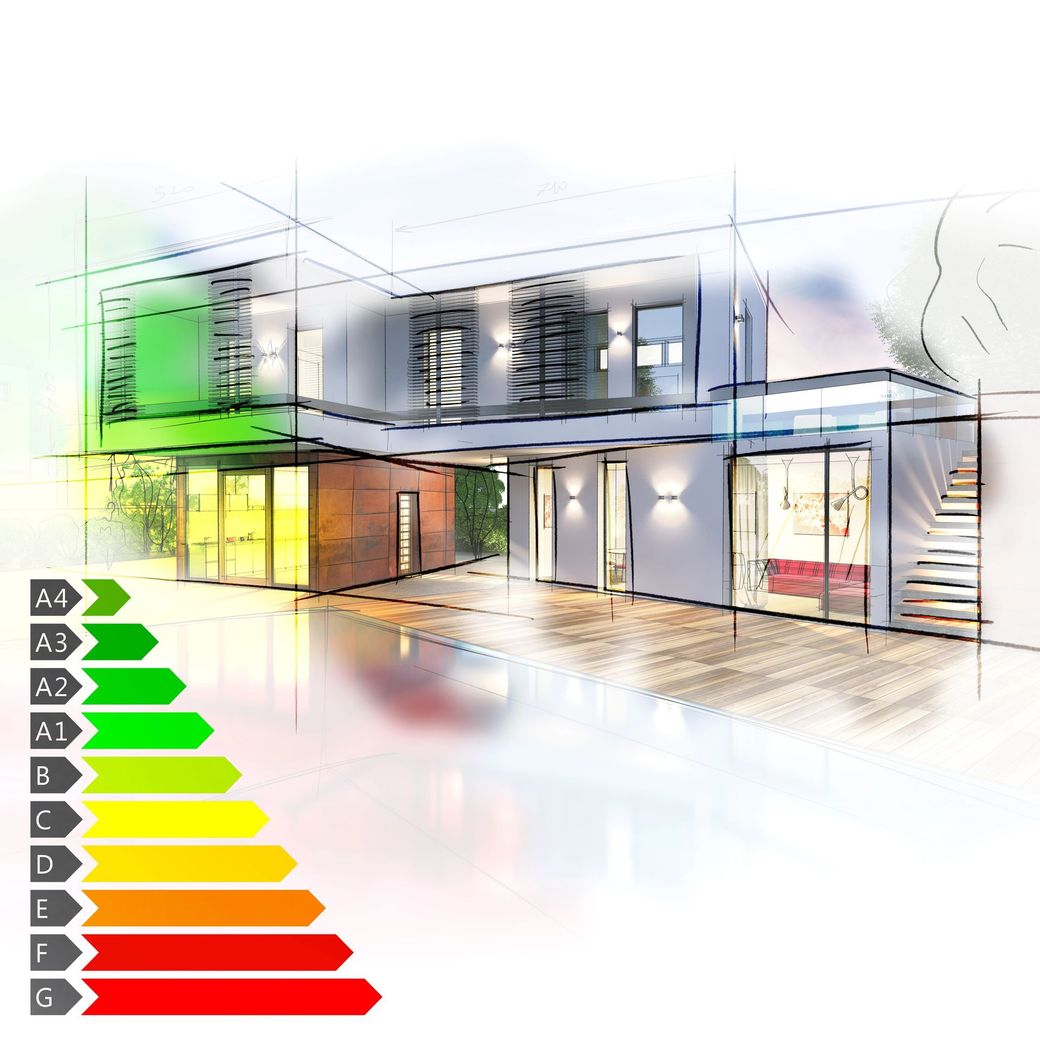 Casa moderna a due piani con scala di valutazione dell'efficienza energetica nell'angolo.