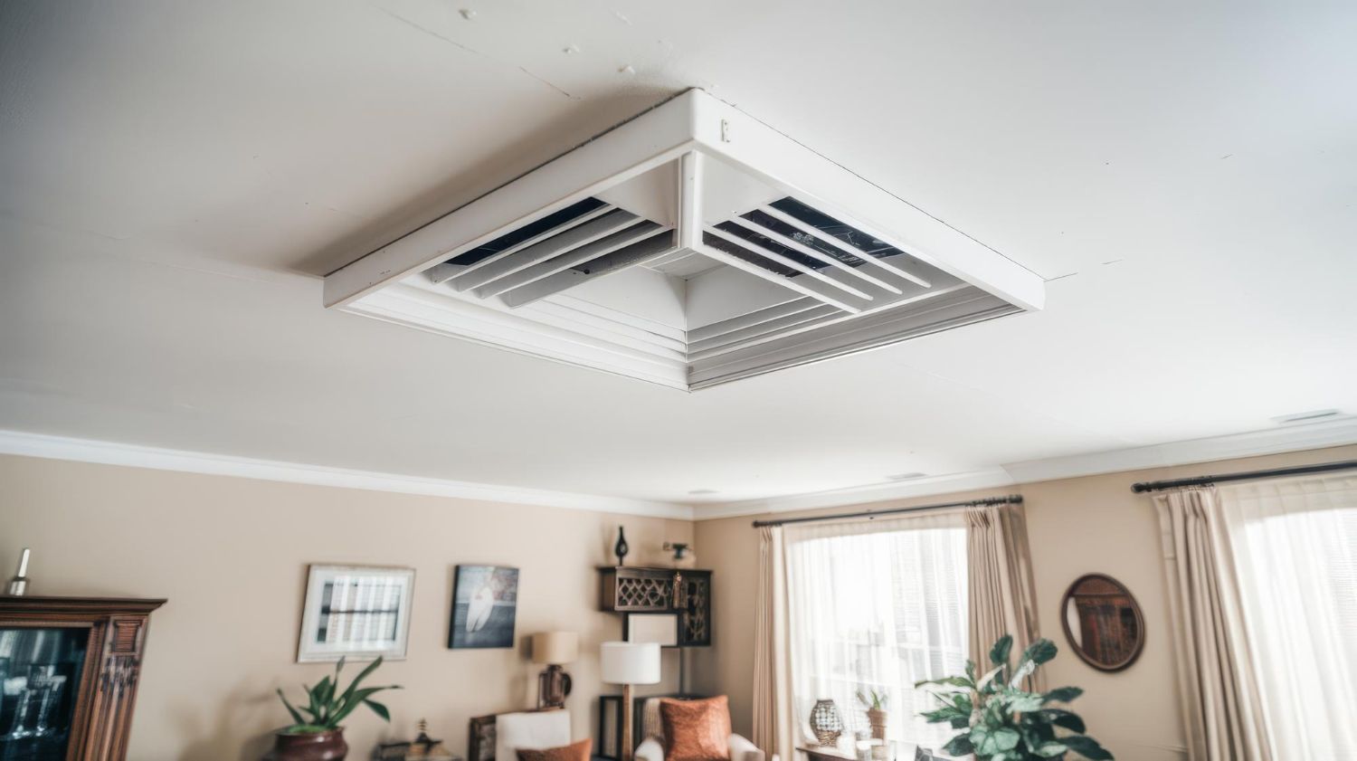 Ceiling-mounted HVAC vent in a bright living room with white walls and curtains