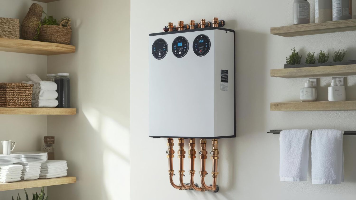 White wall-mounted water heater with copper pipes in a bright bathroom, flanked by floating shelves and towels