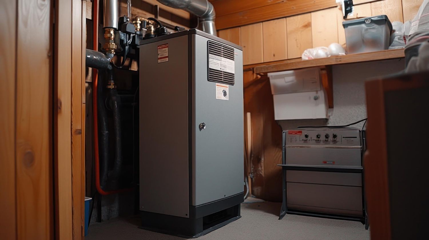 Basement utility room with a furnace, water heater, and exposed pipes
