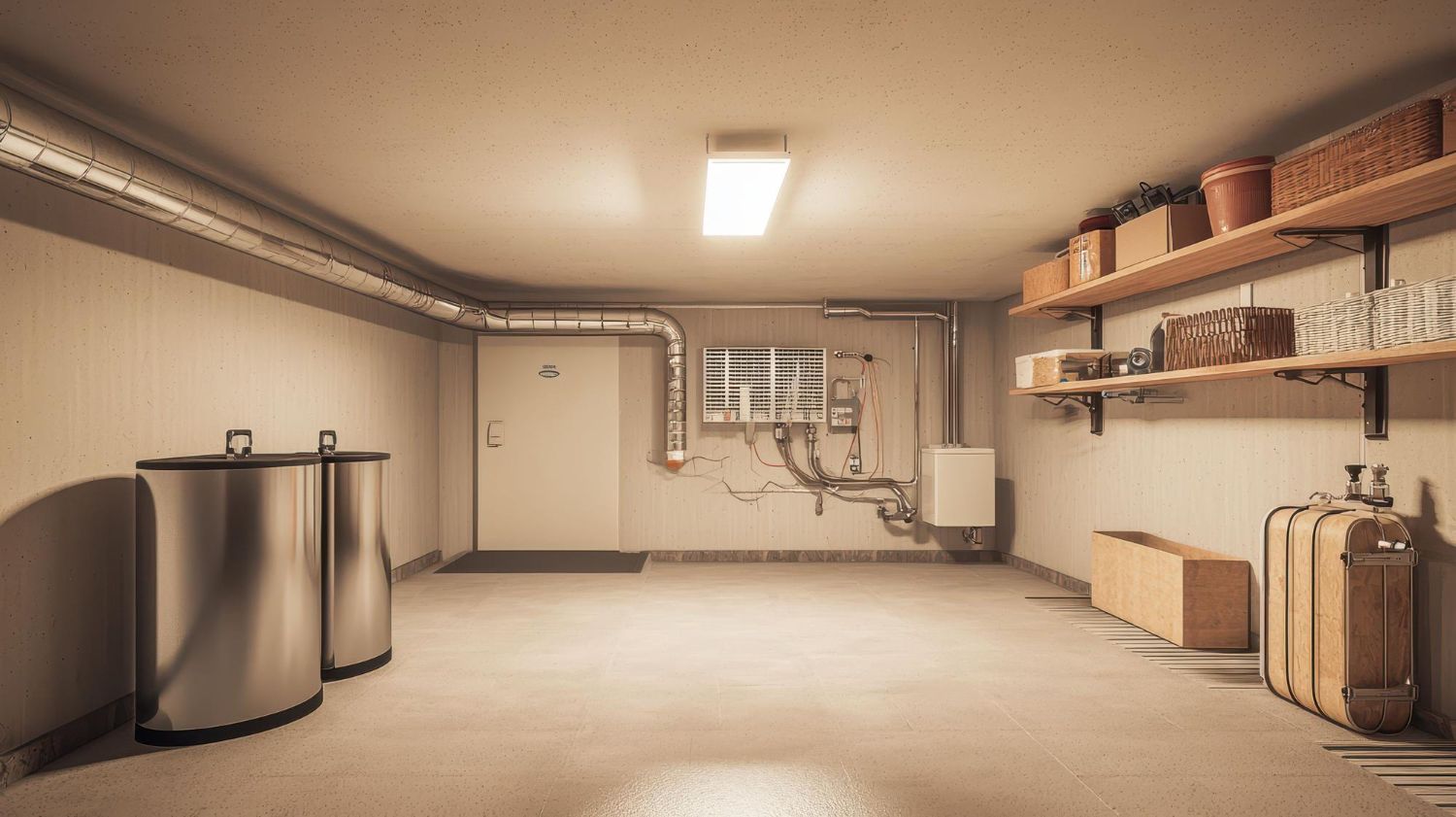 Clean utility room with metal tanks, shelves, boxes, and a wall-mounted control panel