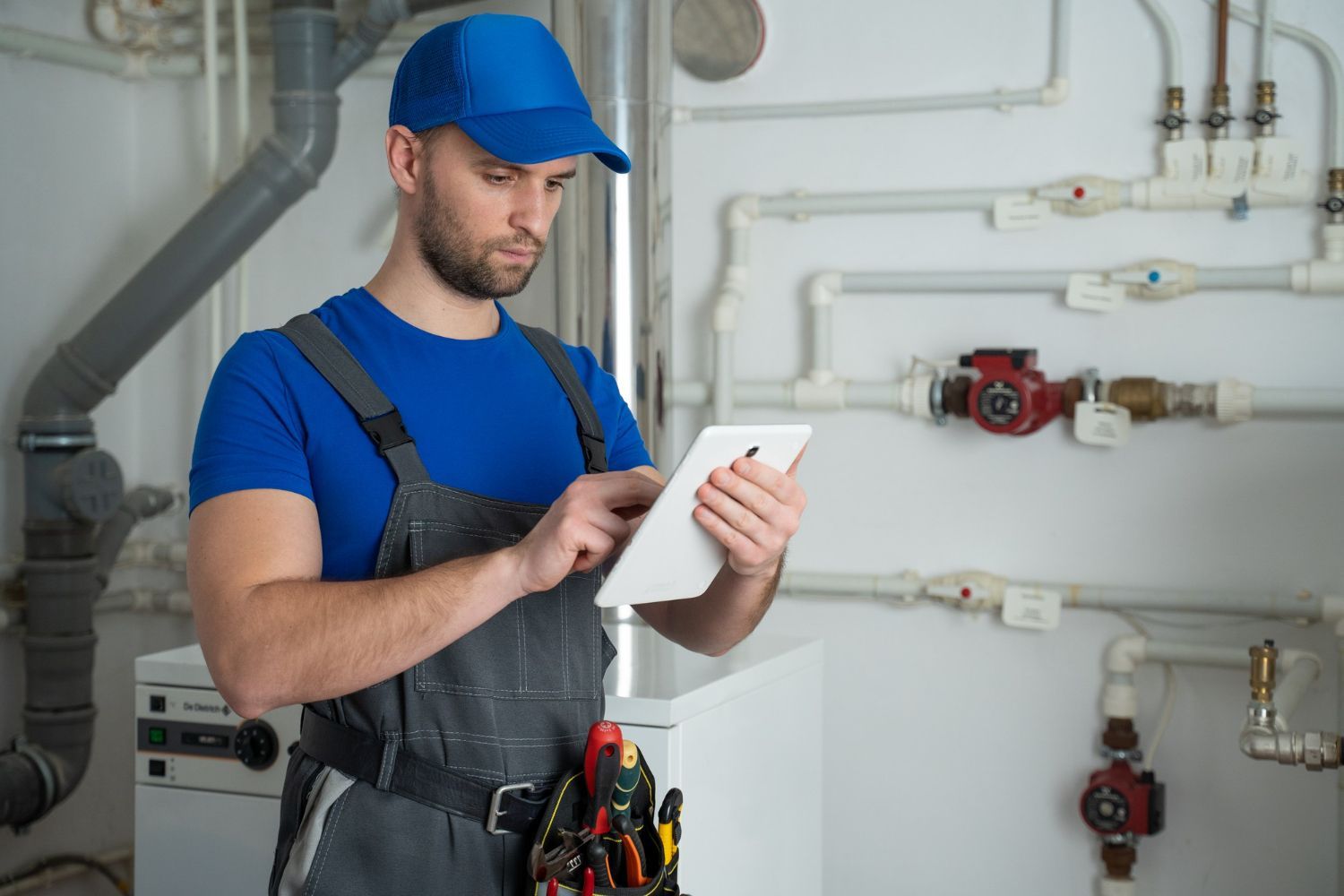 Technician in blue uniform using a tablet beside exposed pipes and valves in a mechanical room