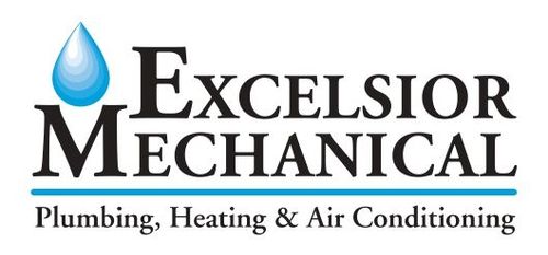Excelsior Mechanical logo with blue water droplet and black text: Plumbing, Heating & Air Conditioning