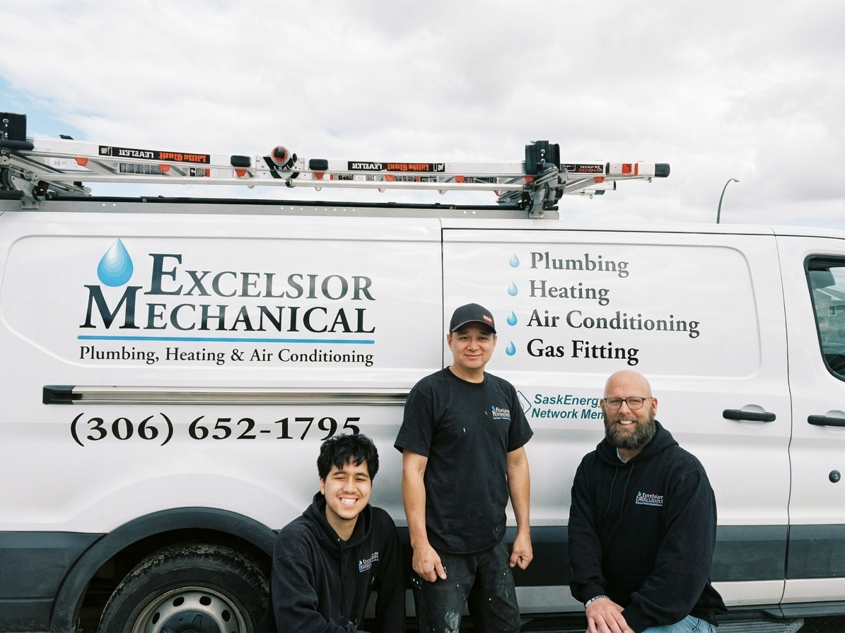Three people standing in front of an Excelsior Mechanical service van with plumbing and heating signage