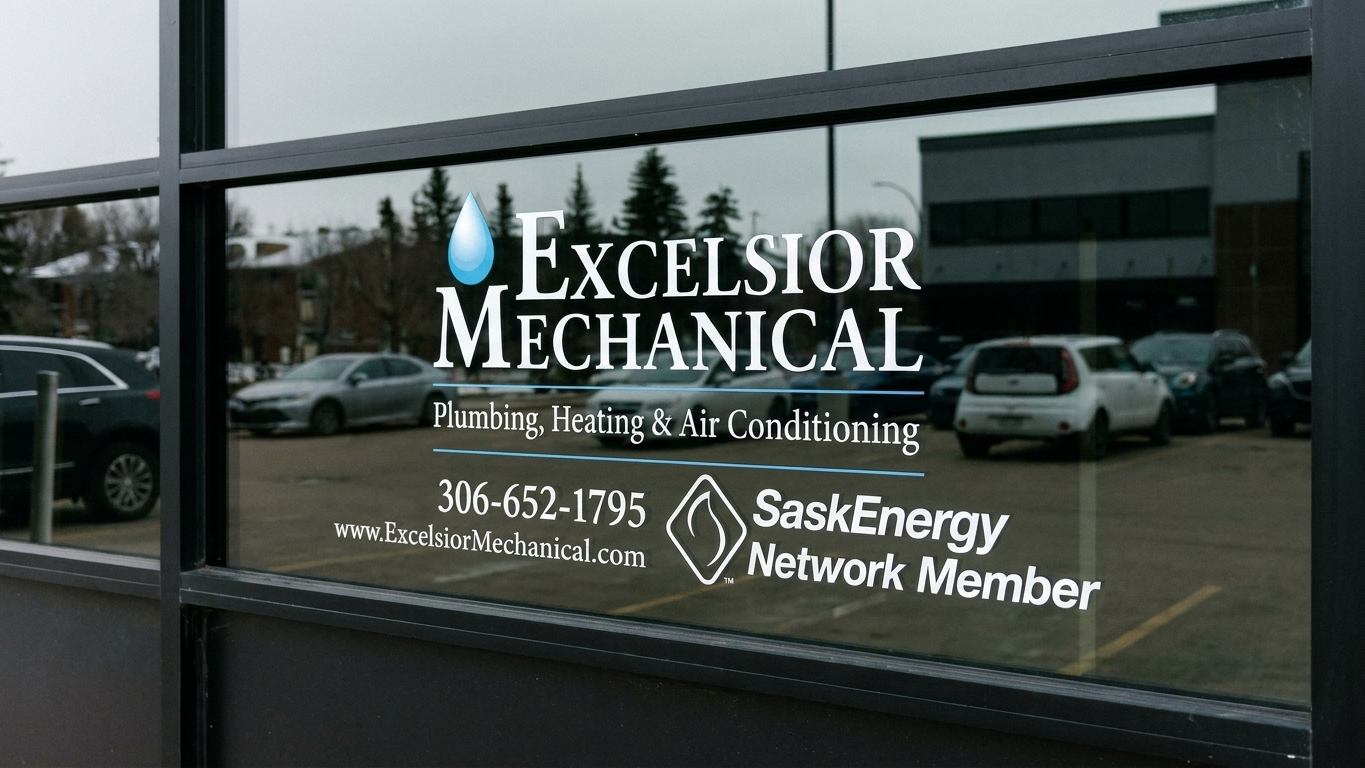 Excelsior Mechanical storefront window with company logo, HVAC services, and SaskEnergy Network Member text.