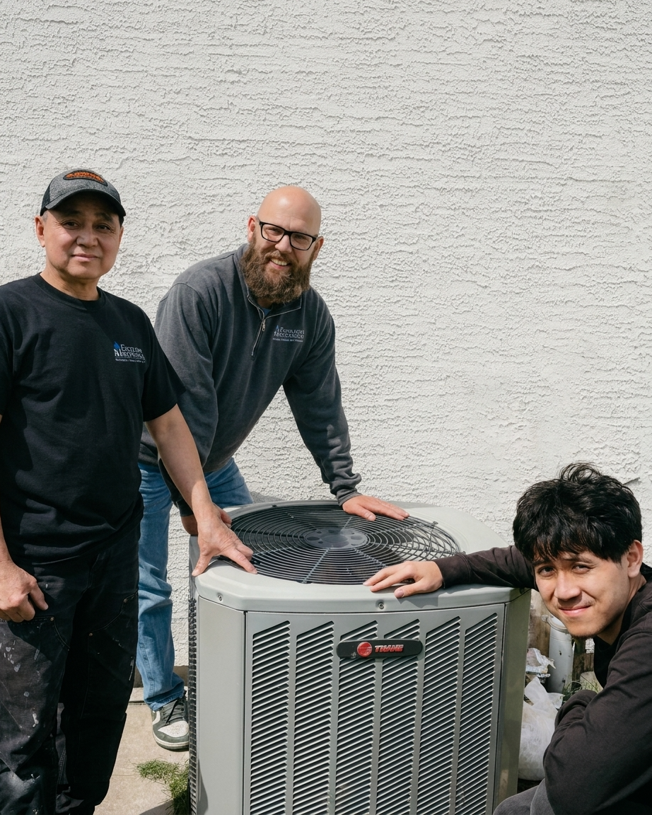 Three people posing with a large HVAC unit outdoors against a white wall.