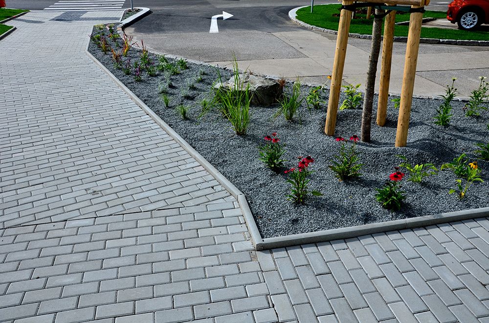 Gray brick paved walkway with a landscaped garden, and small tree.