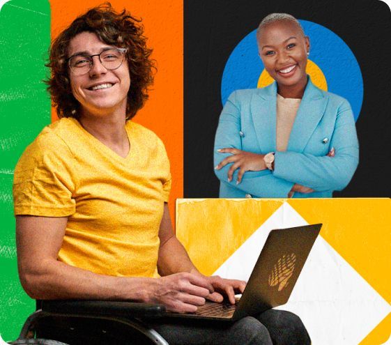 Um homem em uma cadeira de rodas está digitando em um laptop ao lado de uma mulher de terno.