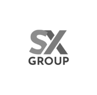 Um logotipo preto e branco para o grupo sx em um fundo branco.