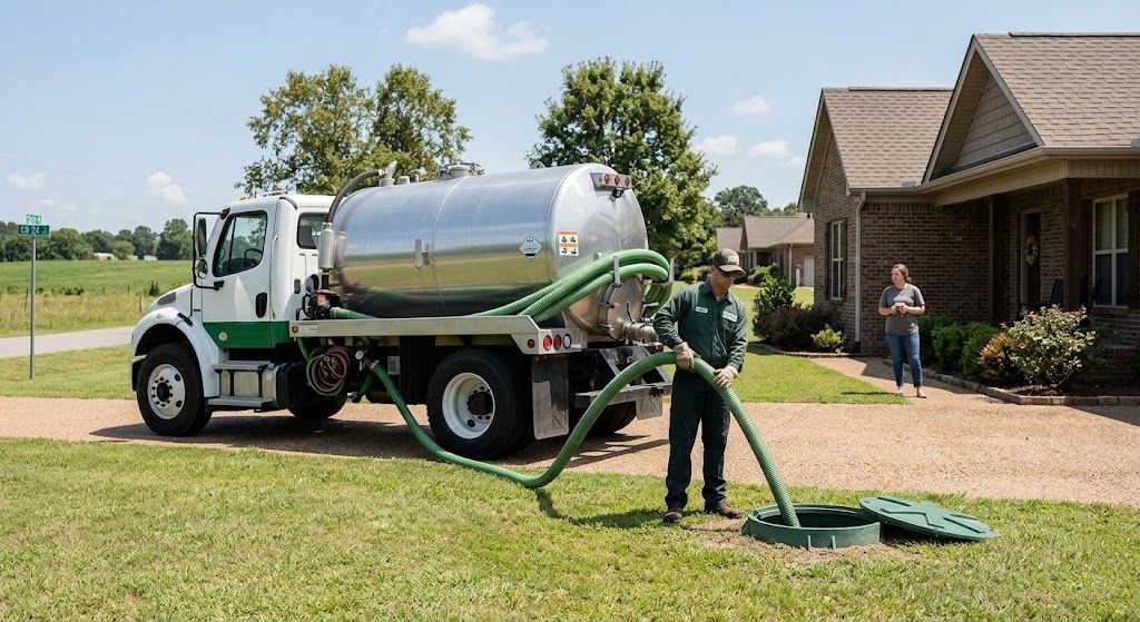 Septic truck providing residential septic tank pumping service outdoors