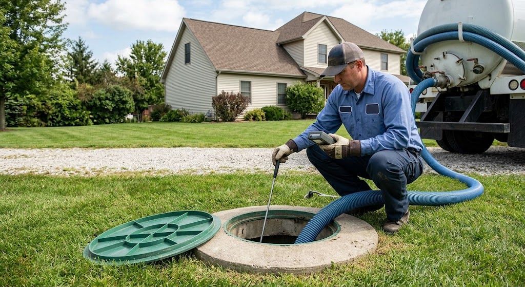 Septic tank maintenance service with technician inspecting residential septic system