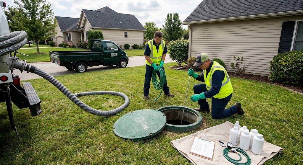 Technicians performing septic tank inspection and maintenance service