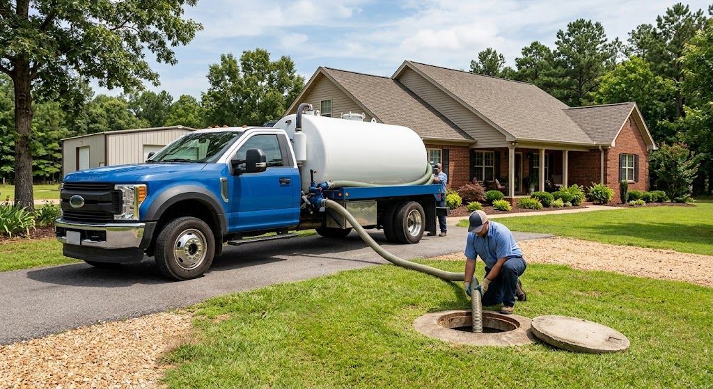 Septic pumping truck servicing a residential septic tank in Rogersville AL