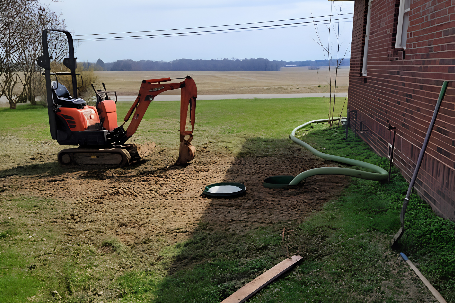 Mini excavator digging beside a brick house on a grassy yard with a long green hose nearby.