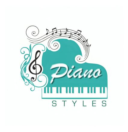 A logo for piano styles with a piano and music notes.