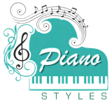A logo for piano styles with a treble clef and music notes
