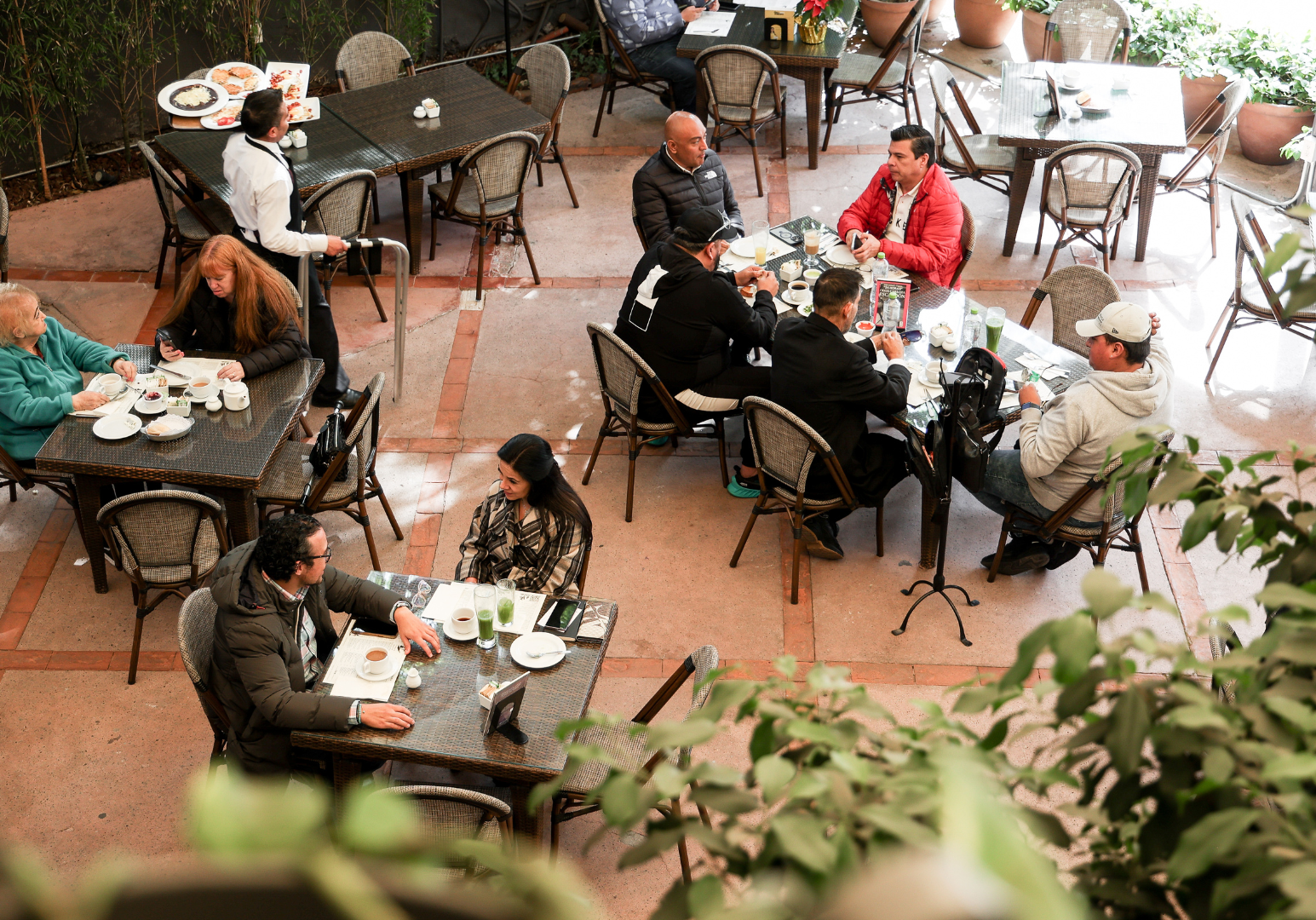 Gente comiendo en mesas de café al aire libre en un patio de ladrillos rodeado de vegetación.