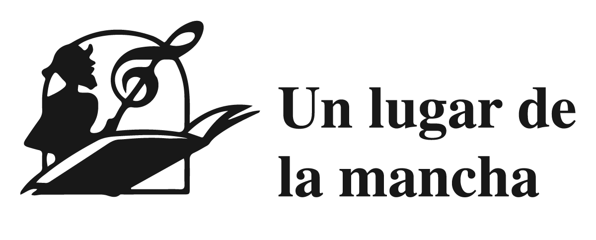 Logotipo con silueta negra y pluma junto al texto “Un lugar de la mancha”