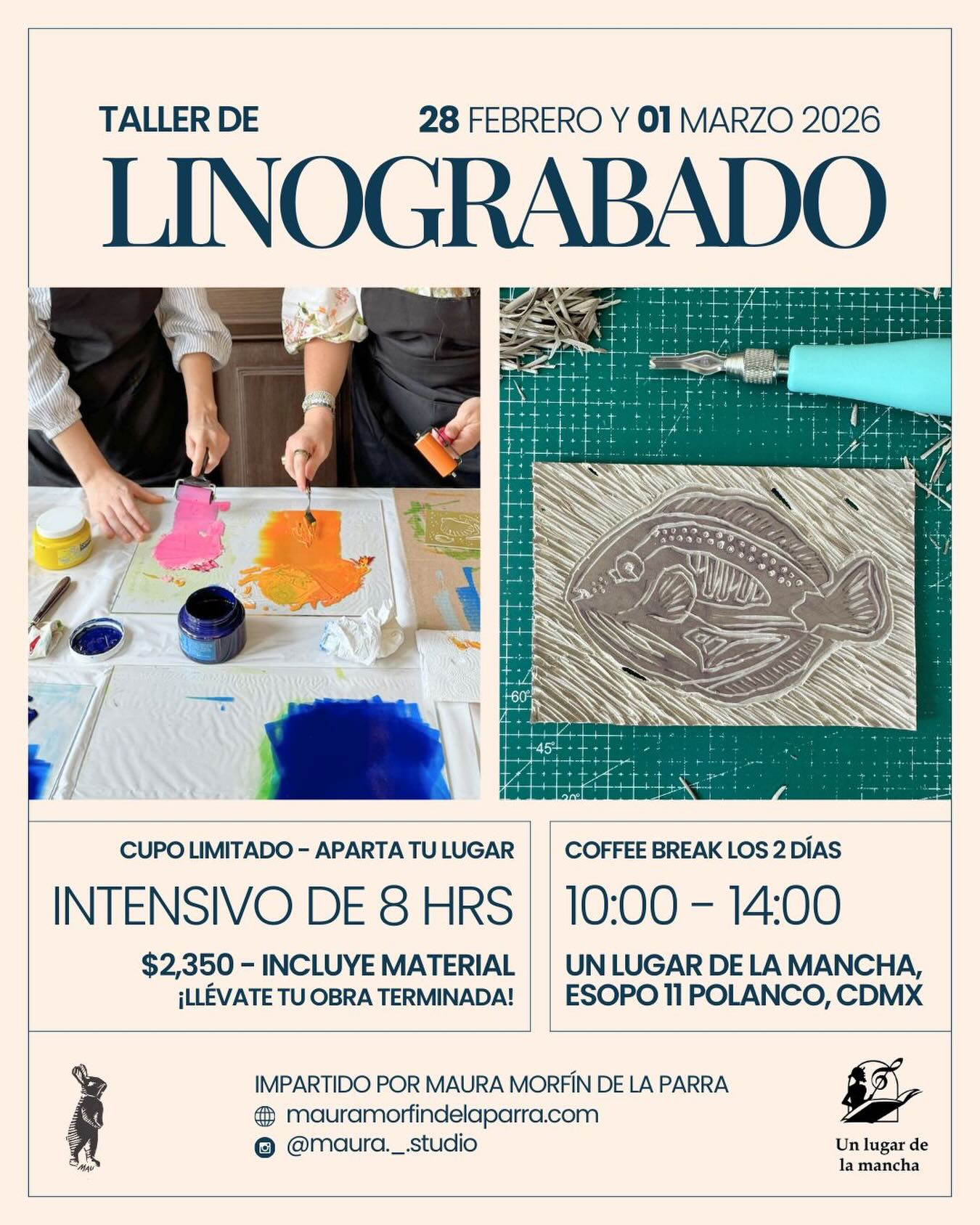 Cartel de taller de linograbado con fotos de impresión, tinta, herramientas y piezas talladas; 28 feb–1 mar 2020