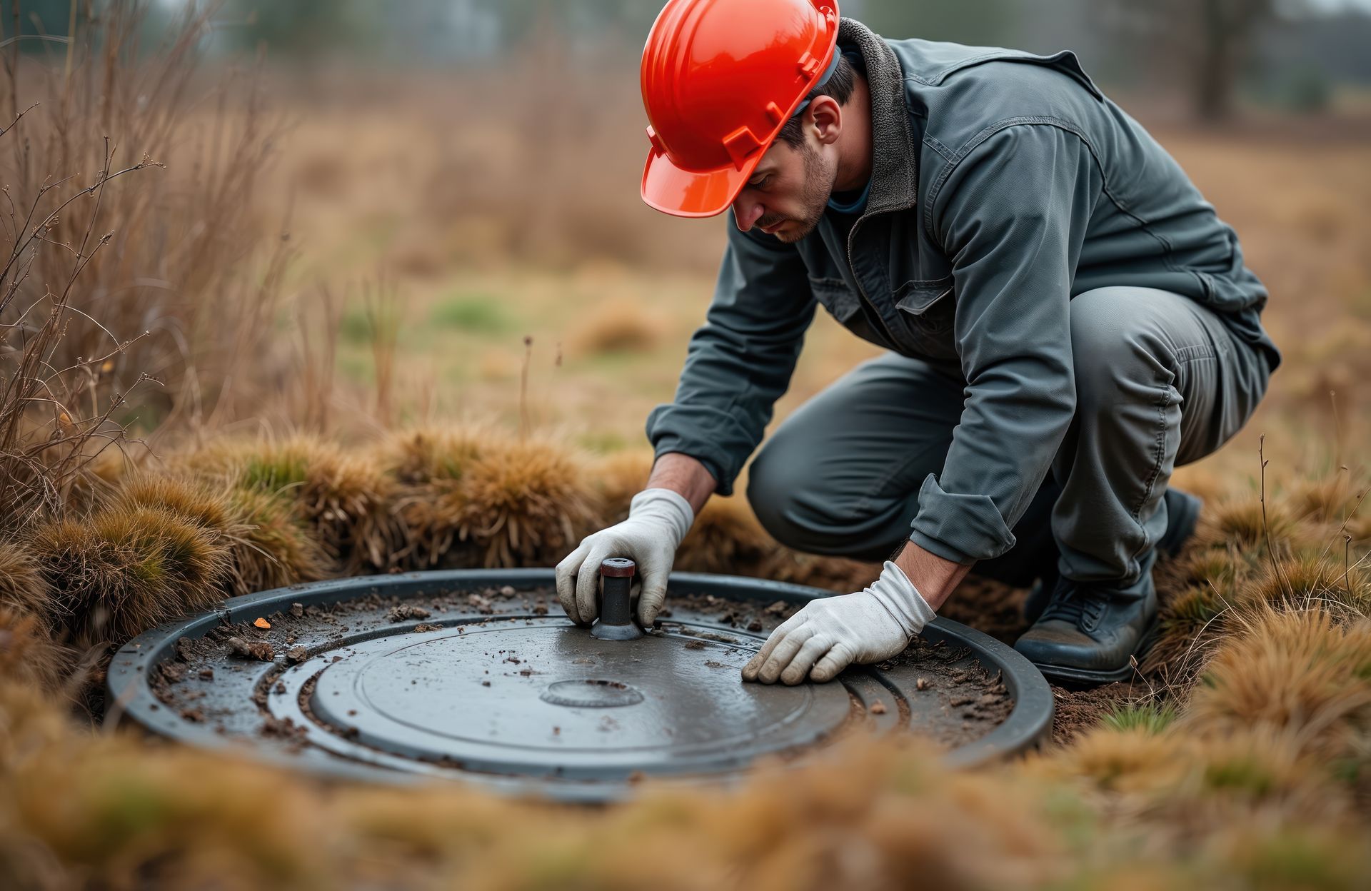 Technician in a hard hat inspecting an open septic tank lid in a grassy field.
