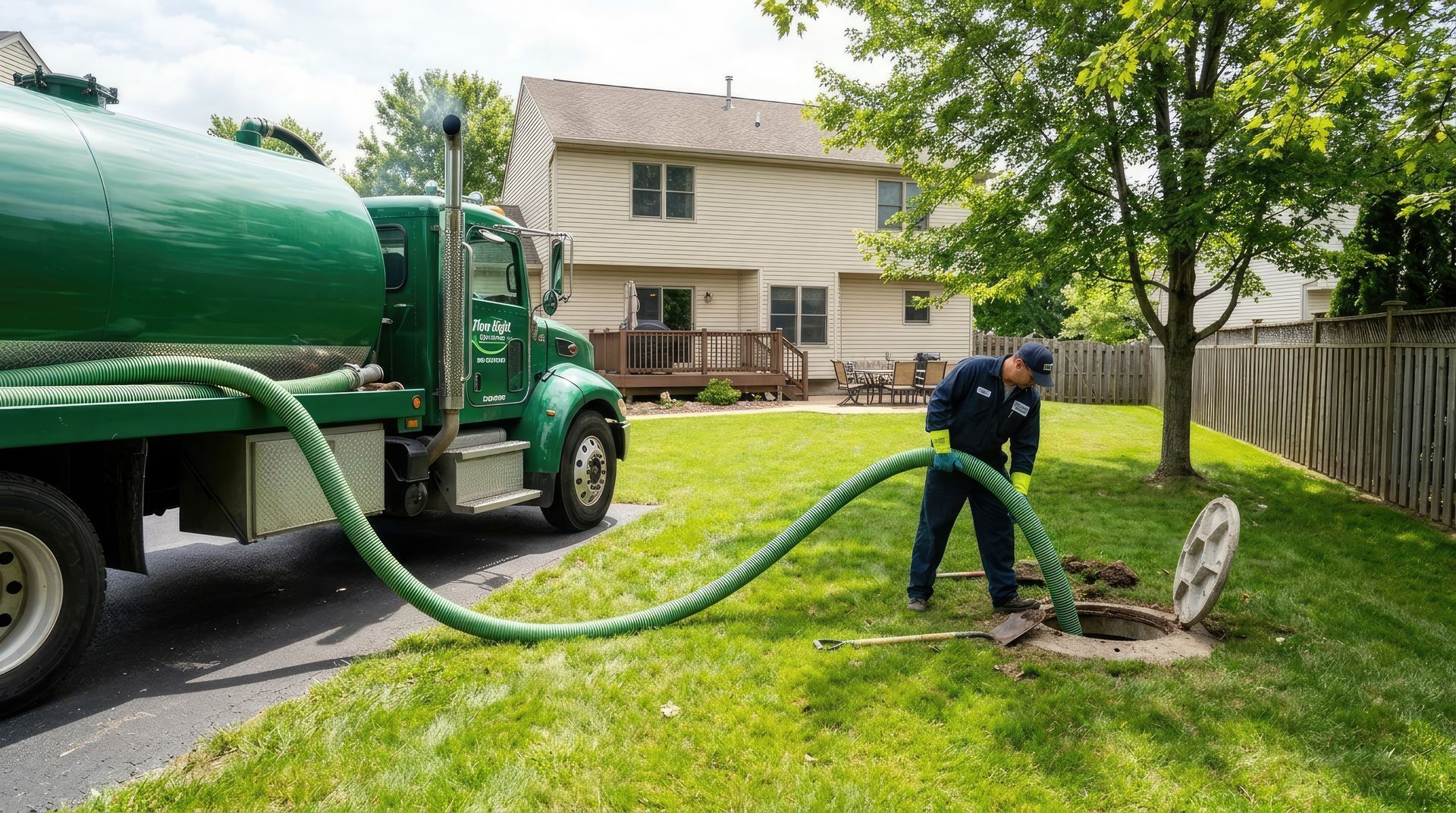 A septic technician is pumping a residential tank using the hose from a green truck.