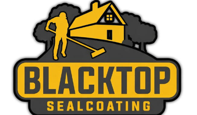 A logo shows a yellow silhouette of a person using a squeegee on a driveway in front of a house, with the text Blacktop.