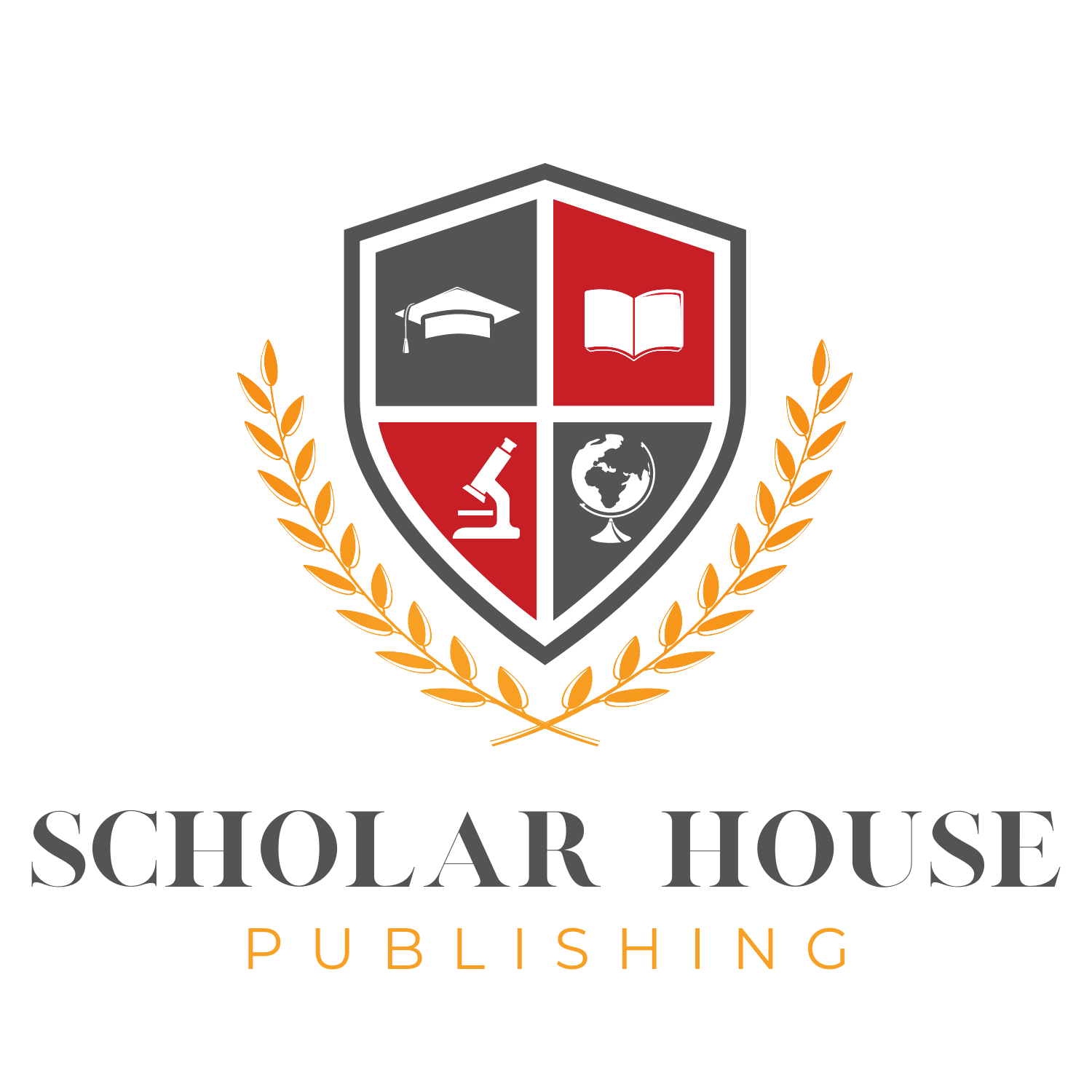 A logo for scholar house publishing with a shield and laurel wreath.