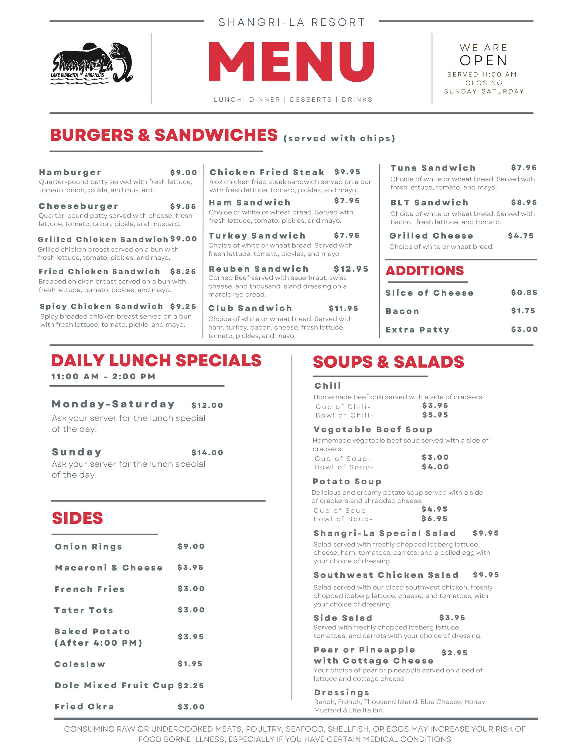 shangri la cafe menu