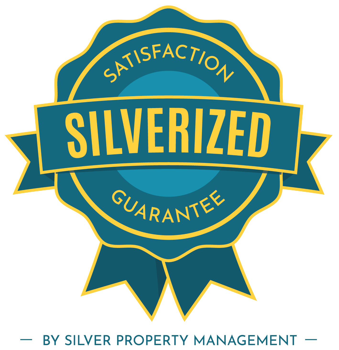 Silverized satisfaction guarantee badge in teal and gold, by Silver Property Management
