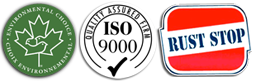 Three circular logos: green environmental circle, ISO 9000 seal, and red-blue RUST STOP sign